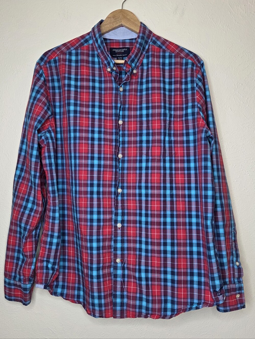 American Eagle Prep Fit Plaid Button Down Shirt XL Red Blue Cotton